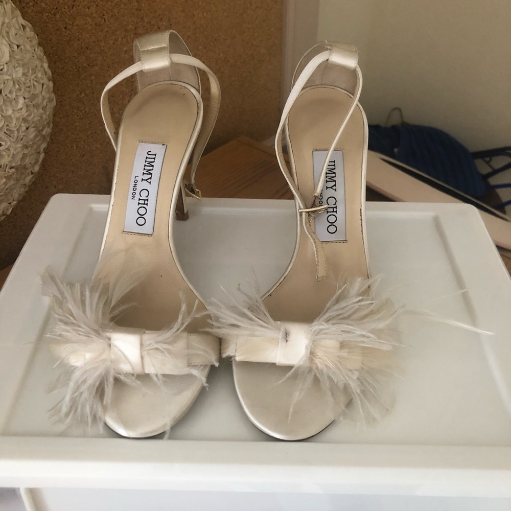 Jimmy Choo Cream Satin Feather ankle strap heels